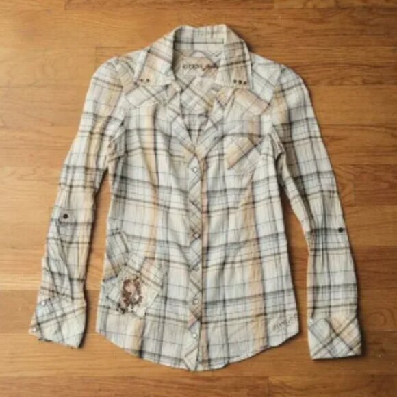 Vintage Y2K Guess Beige Brown Checkered Cotton Blouse Size XS V-Neck Snap Button - Picture 1 of 6
